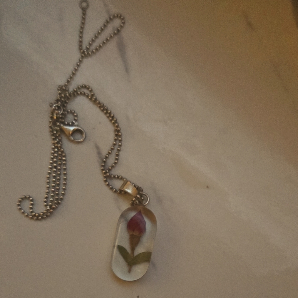 Red and Silver Floral Pendant Necklace(rose is real).